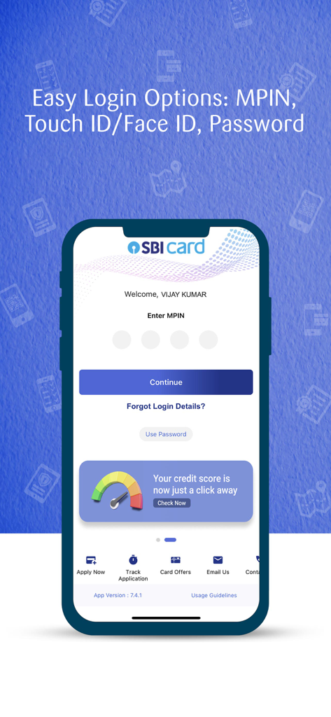 Pantalla de inicio de sesión de la aplicación móvil SBI Card con entrada de MPIN y opción de verificación de puntaje crediticio