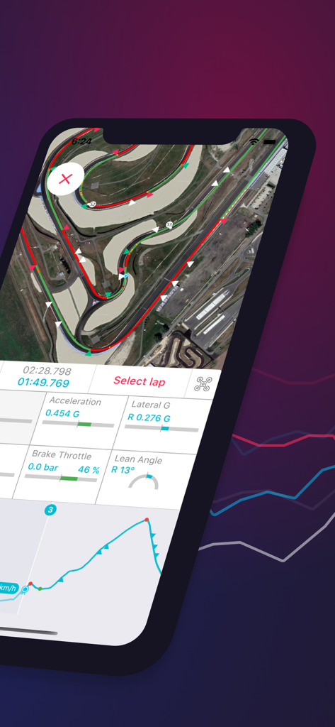 LapSnap - LapSnap app interface showing a race track map with telemetry data including acceleration and lap times