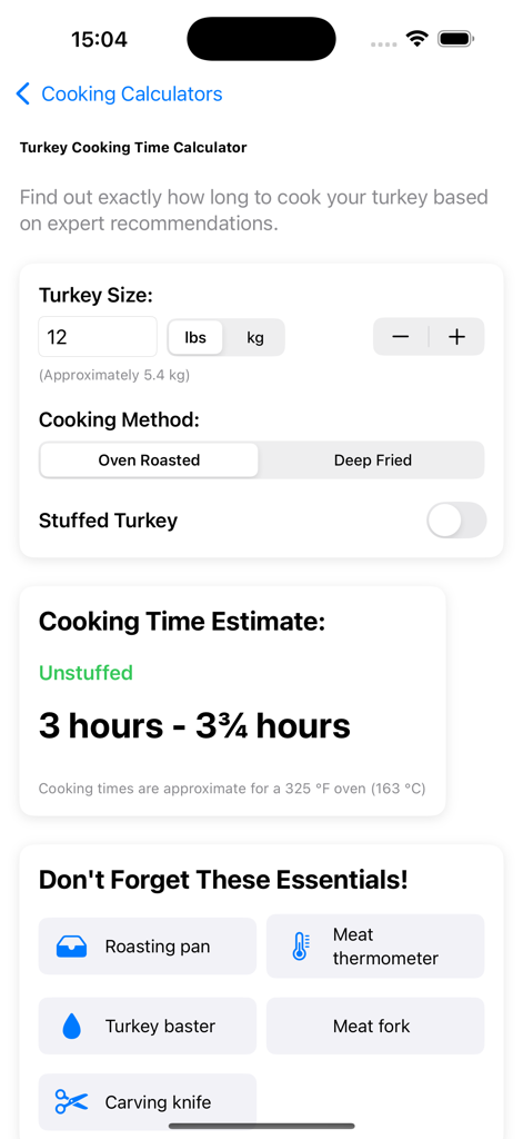 Cooking Baking Calculators - Turkey cooking time calculator screen showing estimated roasting times and essential kitchen tools.