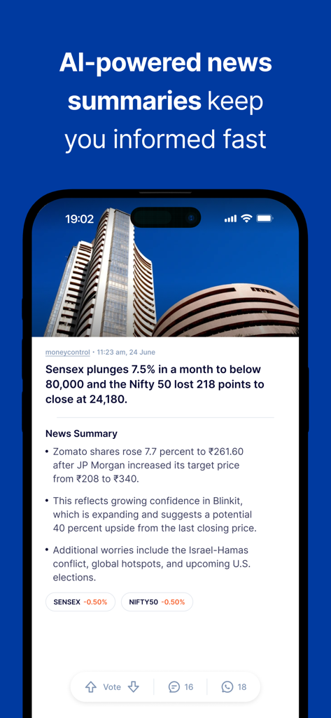 FrontPage - FrontPage app screenshot showing AI powered news summaries for Indian stock market indices like Sensex and Nifty 50