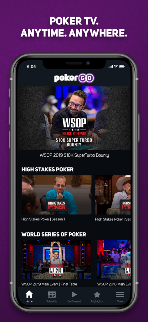 Pantalla de inicio de la aplicación móvil PokerGO mostrando opciones de transmisión para High Stakes Poker y World Series of Poker.
