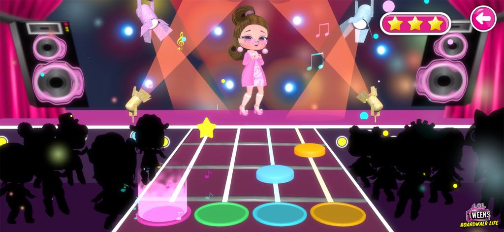 L.O.L. Surprise Tweens 인형이 화려한 음악 노트가 있는 리듬 미니 게임에서 무대에서 공연하는 모습