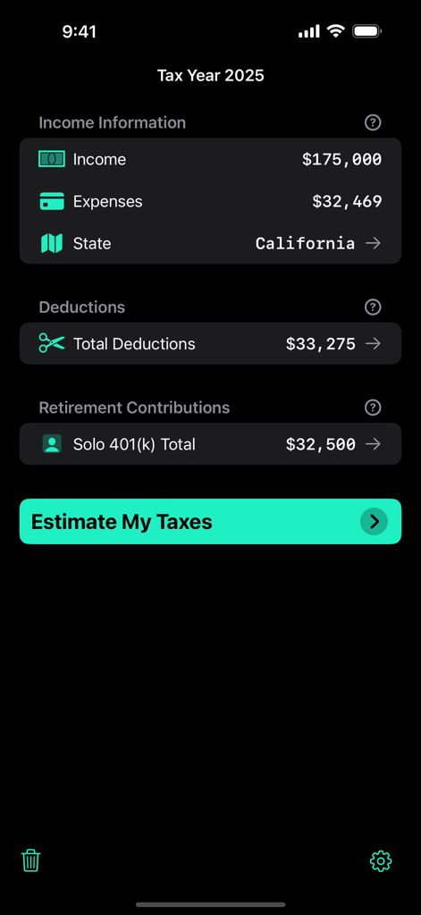 Interface of Taxatio tax calculator showing input fields for income, expenses, deductions and Solo 401k retirement contributions.