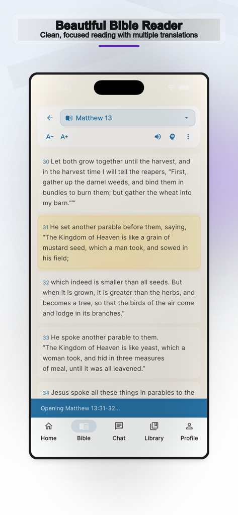 WWJD: Bible Study Companion - Interfaz de la aplicación WWJD que muestra una pantalla de lectura bíblica limpia y enfocada con versículos resaltados de Mateo 13