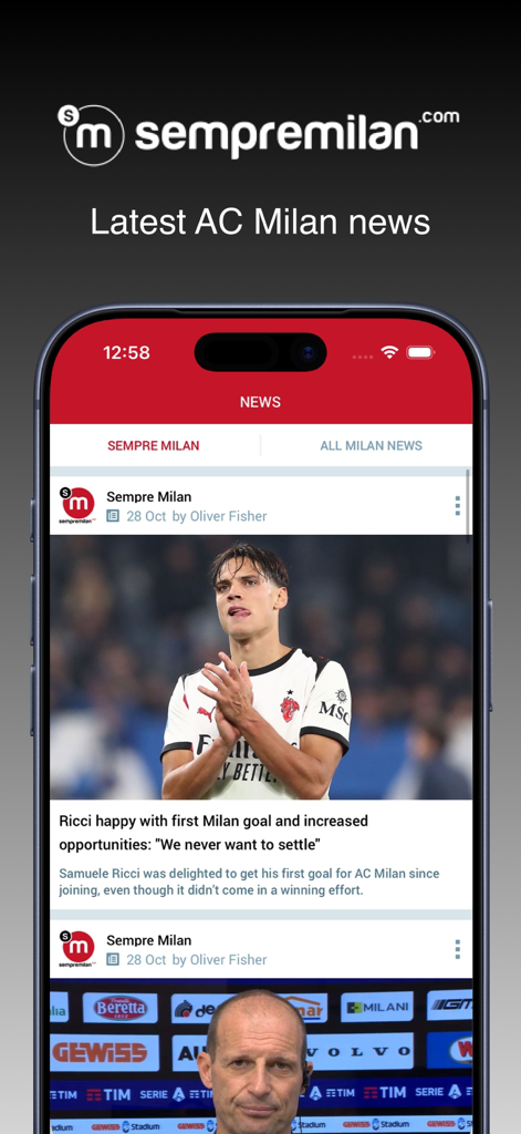 Fil d'actualité de l'application Sempre Milan affichant les dernières mises à jour de l'AC Milan sur un iPhone