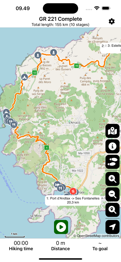 Map view of the GR 221 Mallorca hiking trail with points of interest and route details.