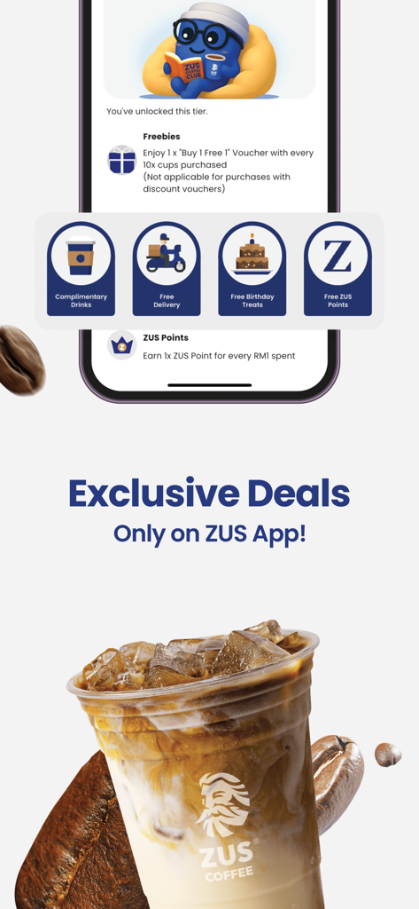 ZUS Coffee app interface displaying exclusive deals and loyalty rewards with an iced coffee