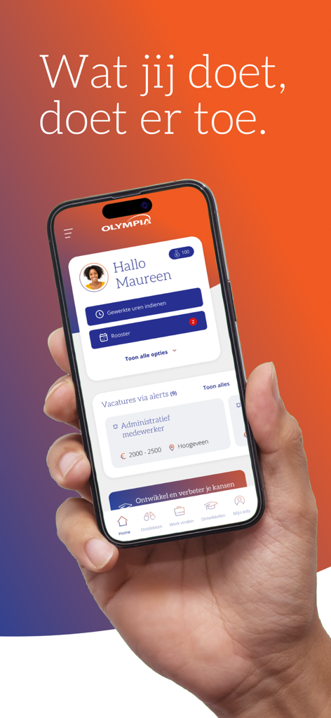 Olympia app - Uma pessoa segurando um smartphone exibindo a tela inicial do aplicativo Olympia com alertas de emprego e opções de acompanhamento de trabalho.