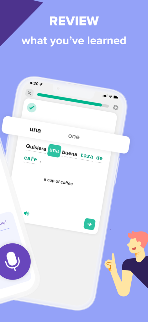 A screenshot of the Speakly app showing a Spanish review lesson for practical conversation.