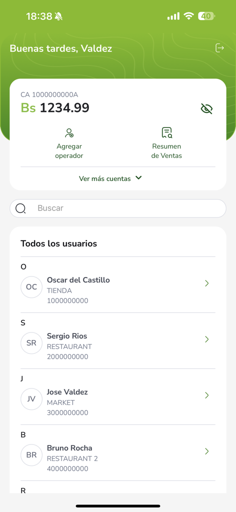 Panel de control móvil de la aplicación QRápido mostrando el saldo de la cuenta y una lista de operadores comerciales registrados