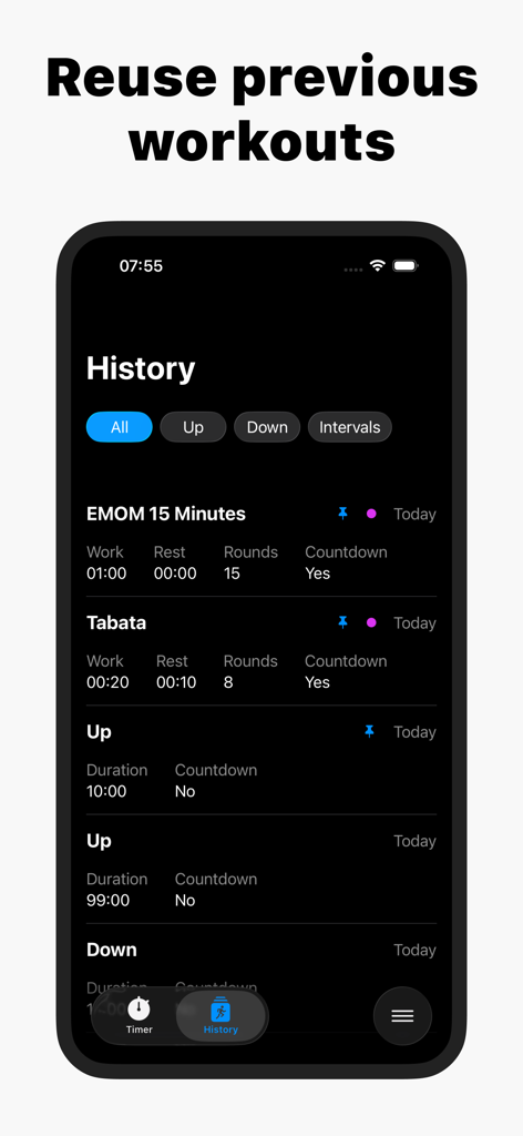 Box Timer - HIIT & Tabata - Tela de histórico de treinos mostrando sessões de treino EMOM e Tabata anteriores