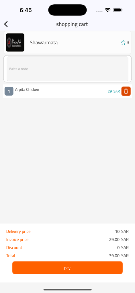 Done ksa - Shopping cart screen in the Done ksa app showing food order details and total price