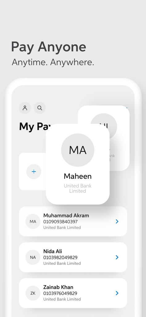 UBL Digital - Safe Banking - Interface de l'application UBL Digital montrant une liste de contacts pour des virements d'argent et des paiements faciles à la famille et aux amis.
