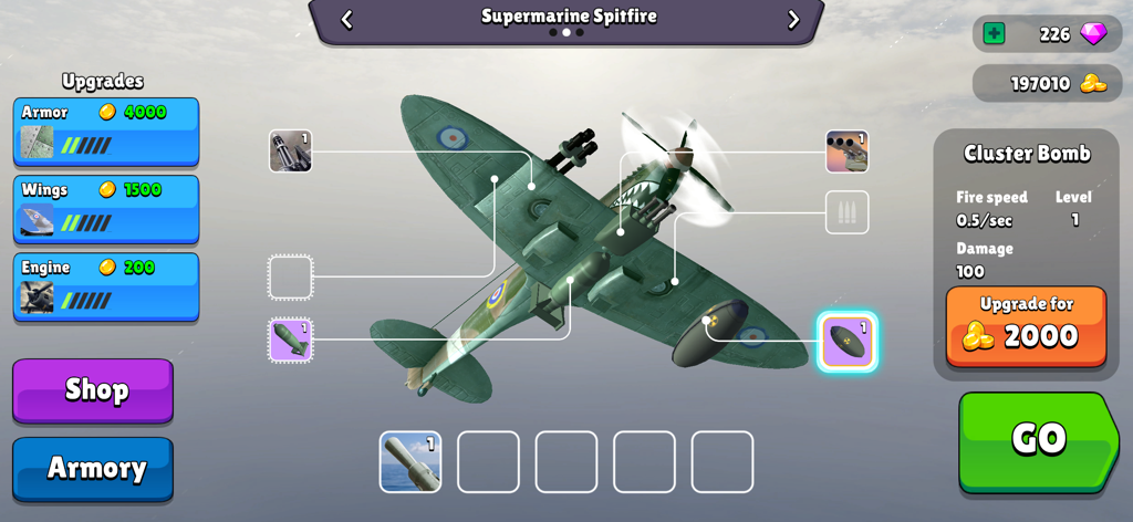 Bomber Ace: WW2 war plane game - Customization screen for a Supermarine Spitfire in Bomber Ace WW2 war plane game