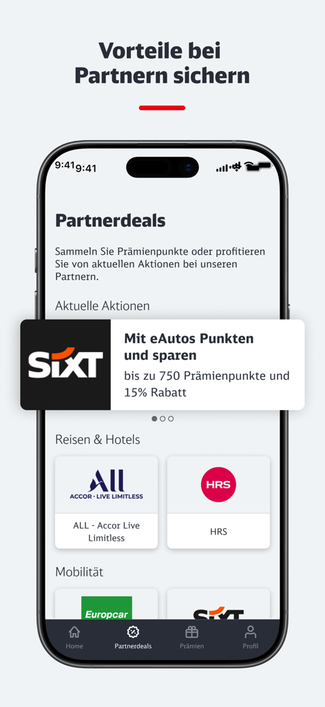 BahnBonus - Screenshot of the BahnBonus app's Partnerdeals page showing loyalty reward offers with partners like Sixt and Accor Live Limitless.