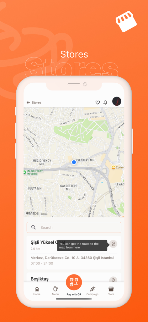 Gloria Jean's Coffees Türkiye - Gloria Jeans Coffees mobile app store locator screen showing a map and nearby shop locations