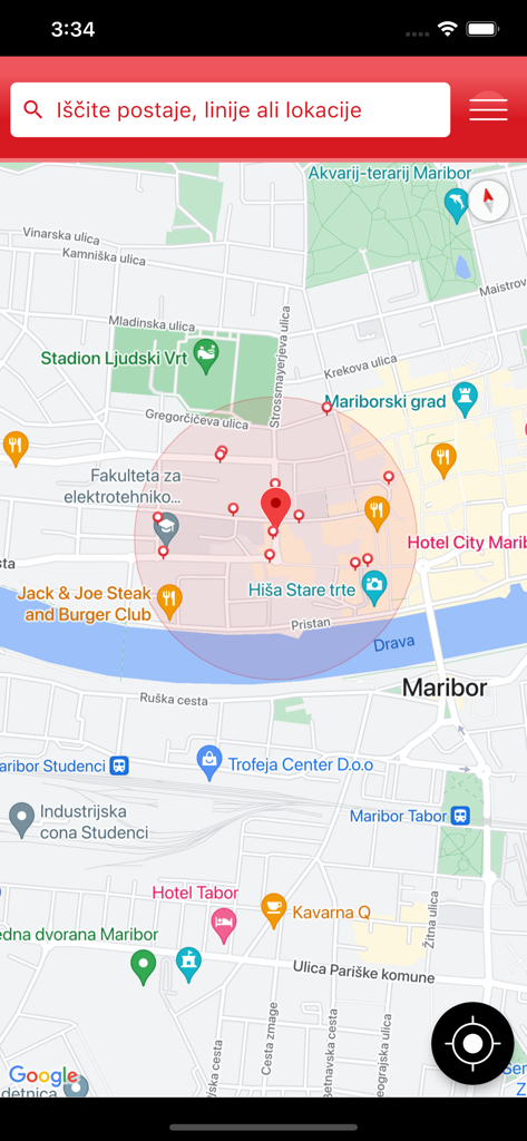 Map interface of the M mobilnost app displaying transit stops and landmarks in Maribor