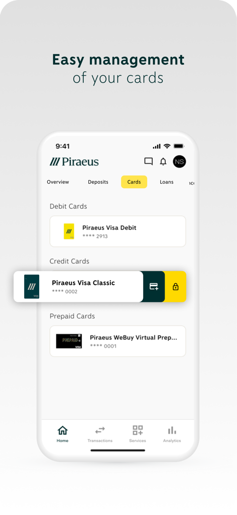 Piraeus app - Mobile screen of the Piraeus app showing easy management of debit, credit, and prepaid cards with quick control options.