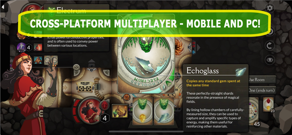 Gem Rush board game screenshot featuring cross-platform multiplayer between mobile and PC