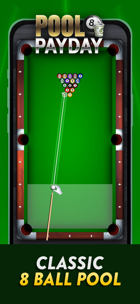 Smartphone-Bildschirm, der die Pool Payday 8 Ball Pool Spieloberfläche mit einem aufgestellten Tisch und Queue zeigt.