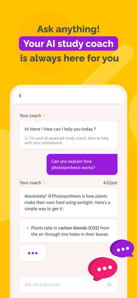 Benutzeroberfläche der SchoolMouv-App, die einen Chat mit einem KI-Lern-Coach zeigt, der die Photosynthese erklärt