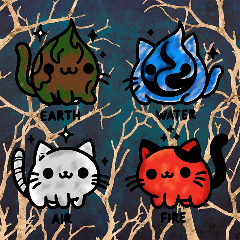4 cats that represent the different elements, earth, water, air, and fire