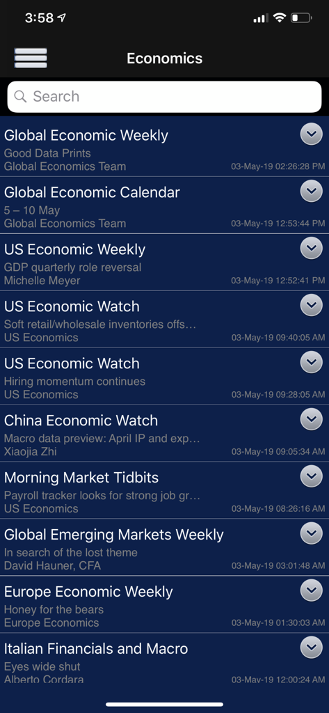 Eine Liste globaler Wirtschaftsresearch-Berichte innerhalb der Benutzeroberfläche der Bank of America Research Library App