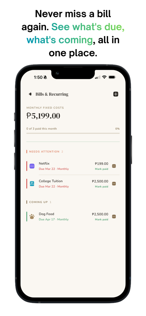 BudGIT AI - Offline Budget App - Screenshot of the BudGIT AI app showing a list of upcoming and recurring monthly bills with a total monthly cost summary.
