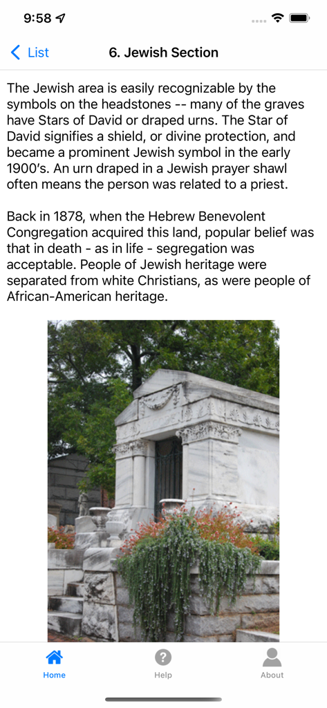 Atlanta's Oakland Cemetery - Mobile app screen for the Jewish Section of Oakland Cemetery featuring historical text and a photo of a white marble mausoleum