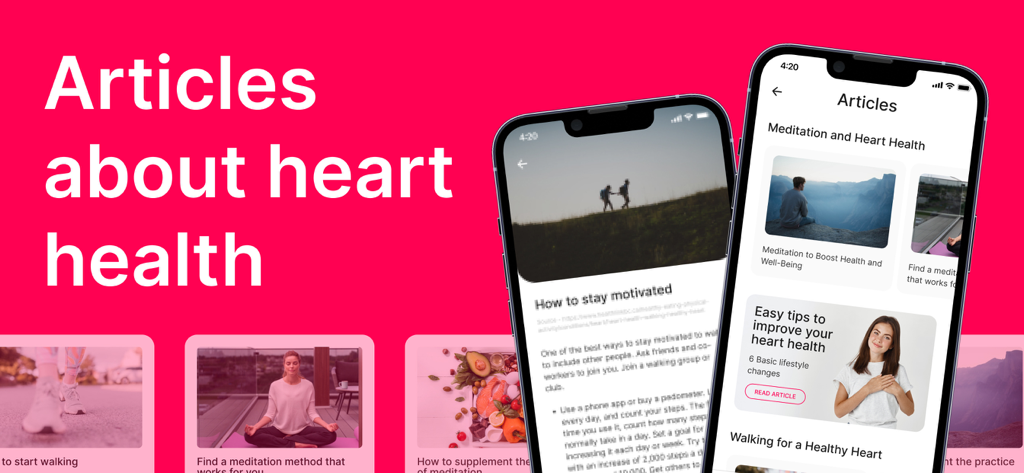 heart rate aрp - Schermata dell'app battito cardiaco che presenta articoli su benessere e salute del cuore.