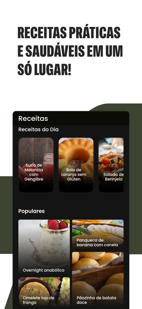 Bitt+ - Seção de receitas saudáveis e práticas no app fitness Bitt plus