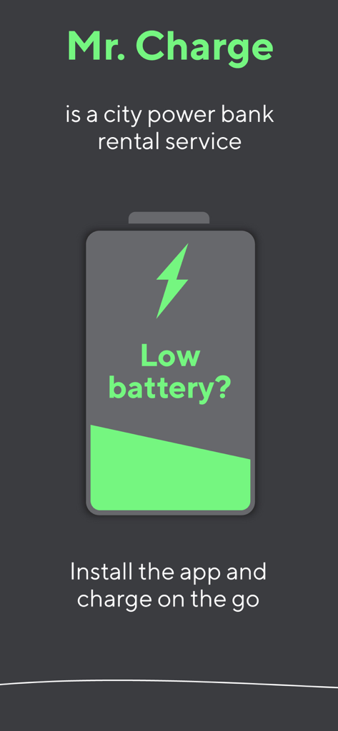 Mr. Charge - Introductory screen of the Mr. Charge app featuring a low battery icon and a call to action to install the app for charging on the go.