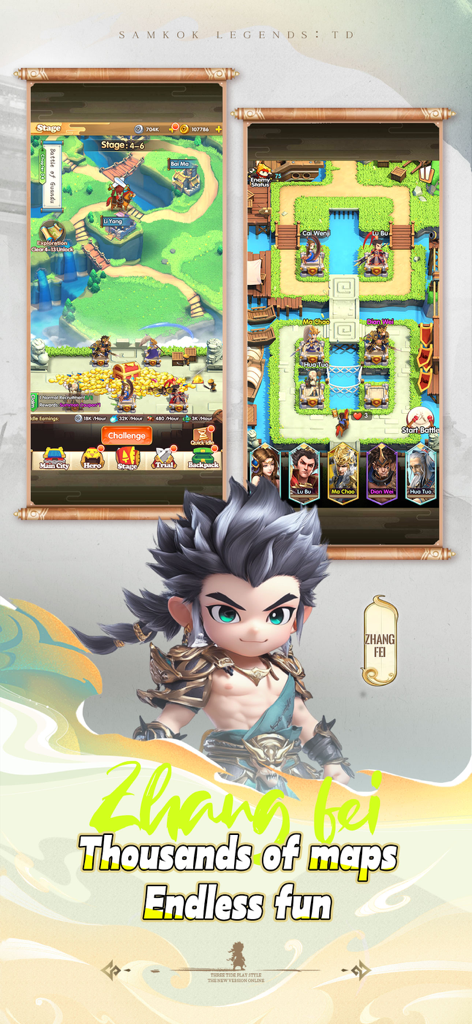 Samkok Legends：TD - Chibi character Zhang Fei and tower defense battle screens in Samkok Legends TD
