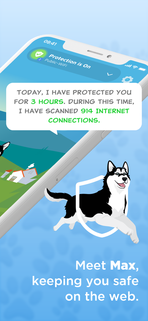 Phone Guardian Safe Mobile VPN - La mascota Max el Husky saltando a través de un escudo en la interfaz de la aplicación Phone Guardian.