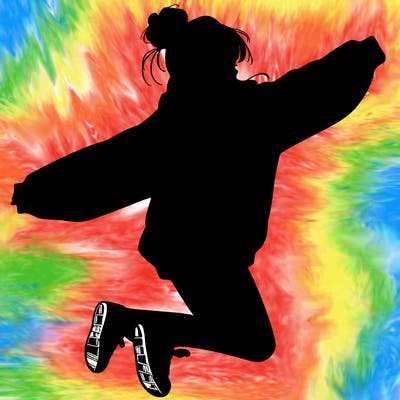 realistic girl jumping with a bun and oversized sweatshirt
