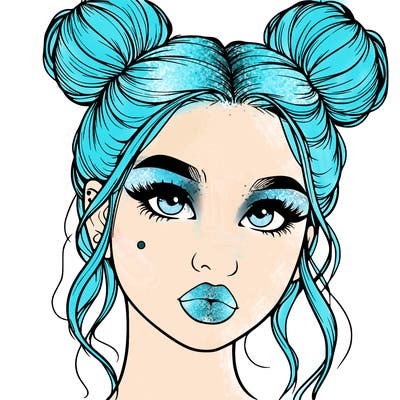 realistic girl with two buns on her hair and lips