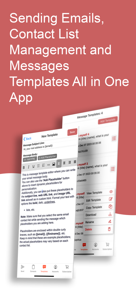 Mail Merge: Bulk Email Sender - Mail Merge mobile app interface showing email template creation and message management features