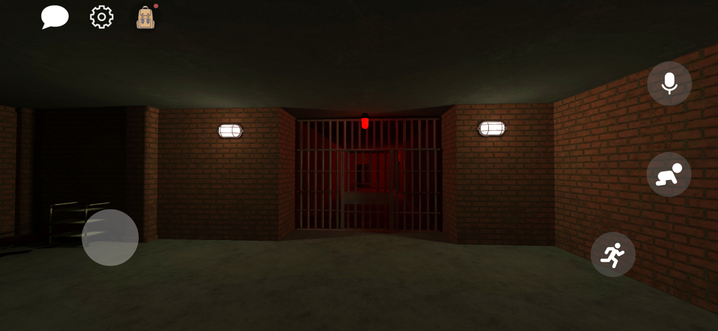 Noclip 2 : Survival Online - Un pasillo oscuro de ladrillo con una puerta metálica y una luz roja en el juego de terror Noclip 2 Survival Online.