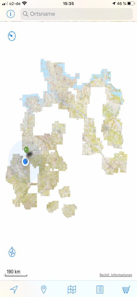 ADFC Karten - Digitale Radkartenoberfläche der ADFC Karten App, die regionale Kacheln und GPS-Standortmarker in Deutschland zeigt