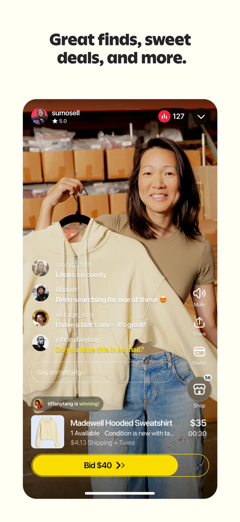 A woman host showcasing a sweatshirt during a live auction on the Whatnot app with active user chat and a bid button.