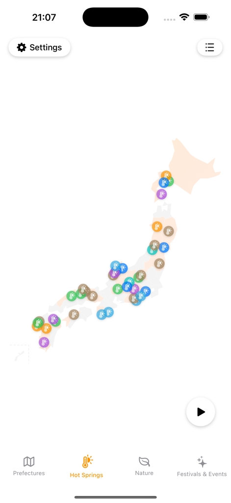 앱 내 다양한 현의 온천 위치를 보여주는 일본 지도
