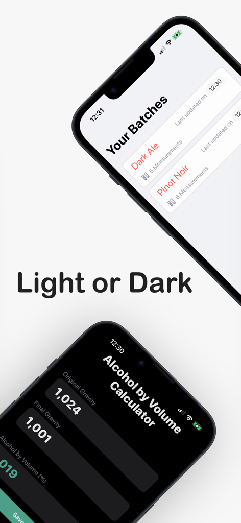Calculate Alcohol by Volume - Home brew ABV calculator app interface in light and dark mode.