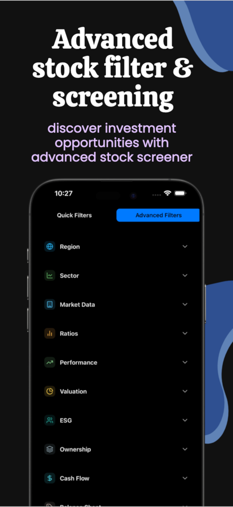 Stock Market - AI Insights - Advanced stock screening interface showing filters for region sector market data and financial ratios