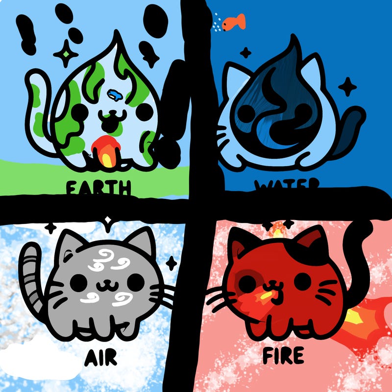 4 cats that represent the different elements, earth, water, air, and fire