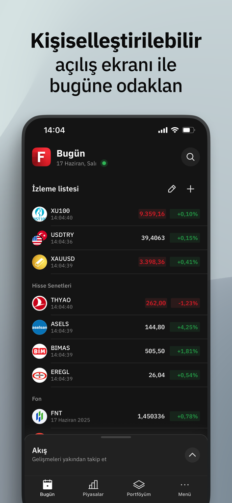 Fintables: Borsa, Hisse ve Fon - Painel de controle de lista de observação de ações personalizado no aplicativo financeiro móvel Fintables mostrando dados do mercado turco em tempo real.