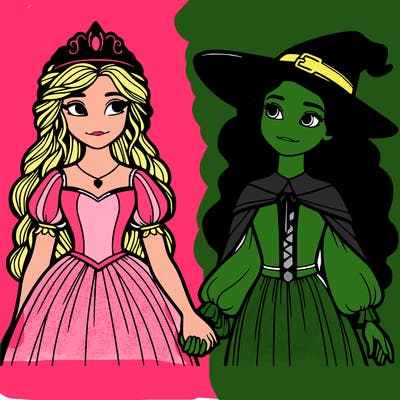 a princess and a witch holding hands realistic