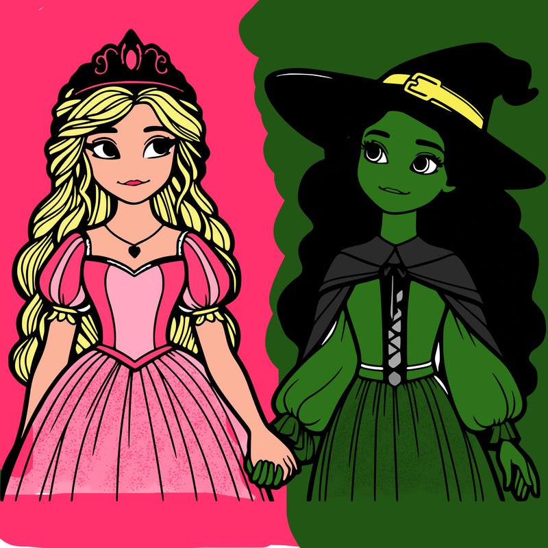 a princess and a witch holding hands realistic