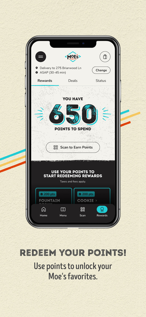 Moe’s Southwest Grill - Moe’s Southwest Grill app interface showing a user with 650 loyalty points and options to redeem rewards like cookies and fountain drinks.