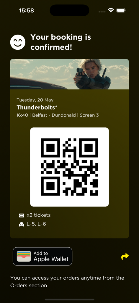 Omniplex Cinemas app booking confirmation screen displaying a QR code for movie tickets and an Add to Apple Wallet button