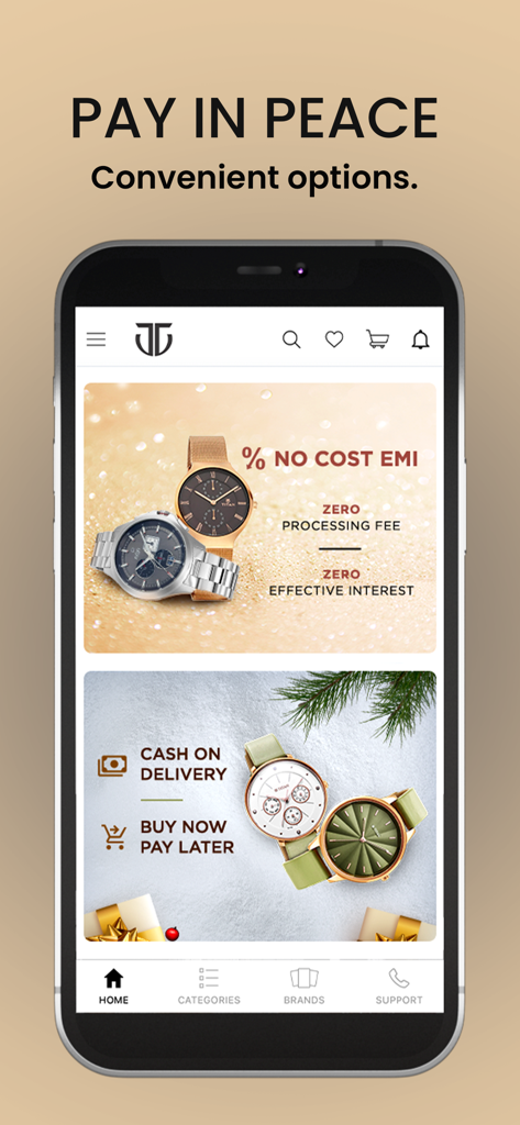 Titan World - Titan World app interface showing flexible payment methods including No Cost EMI and Cash on Delivery with images of premium watches